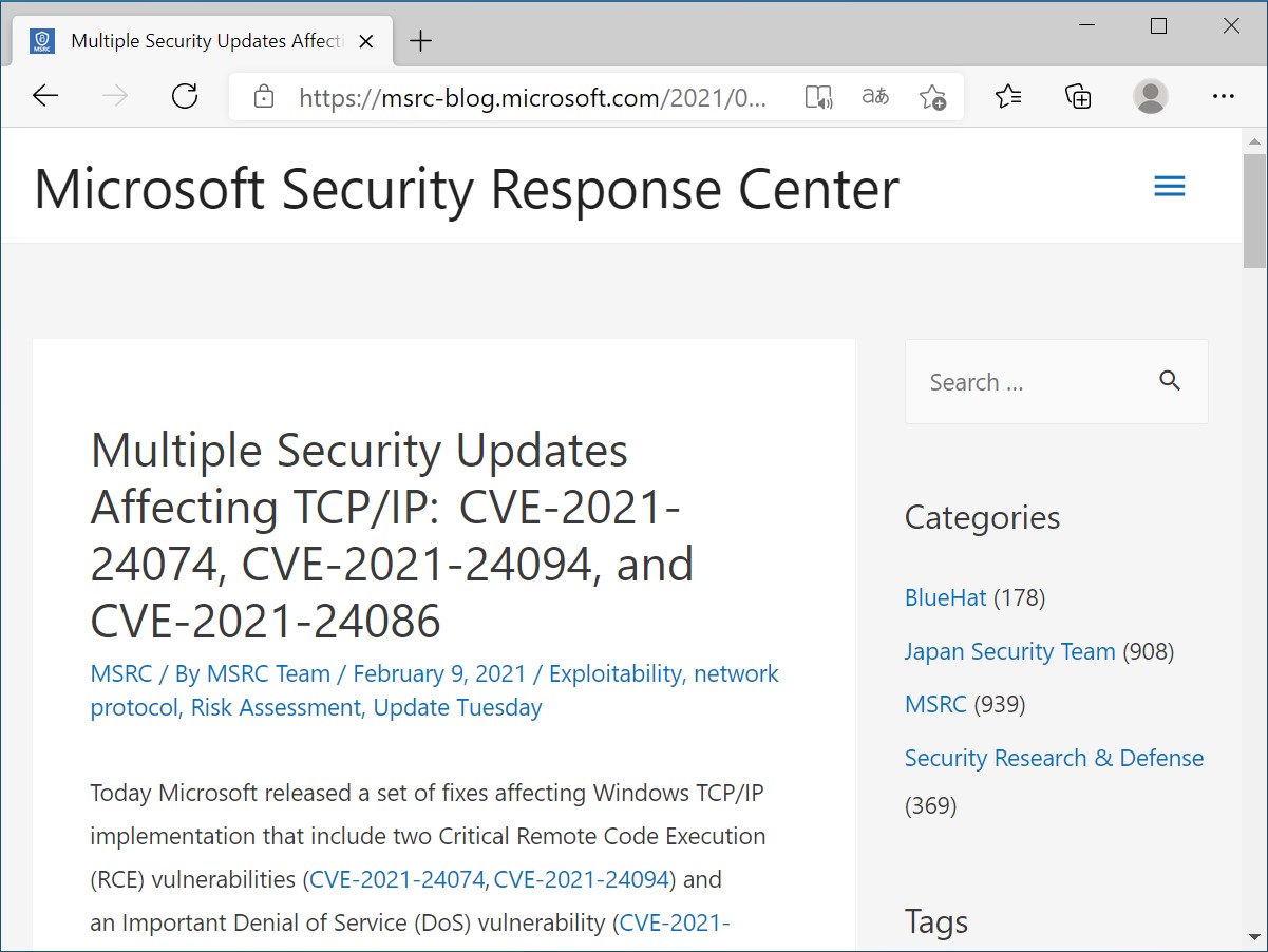 madonomori's tweet card. 　米Microsoftは2月9日（現地時間）、WindowsのTCP/IP実装に複数の重大な脆弱性が存在することを明らかにした。本日リリースされた月例のセキュリティ更新プログラムを優先的に適用するよう呼び掛けている。