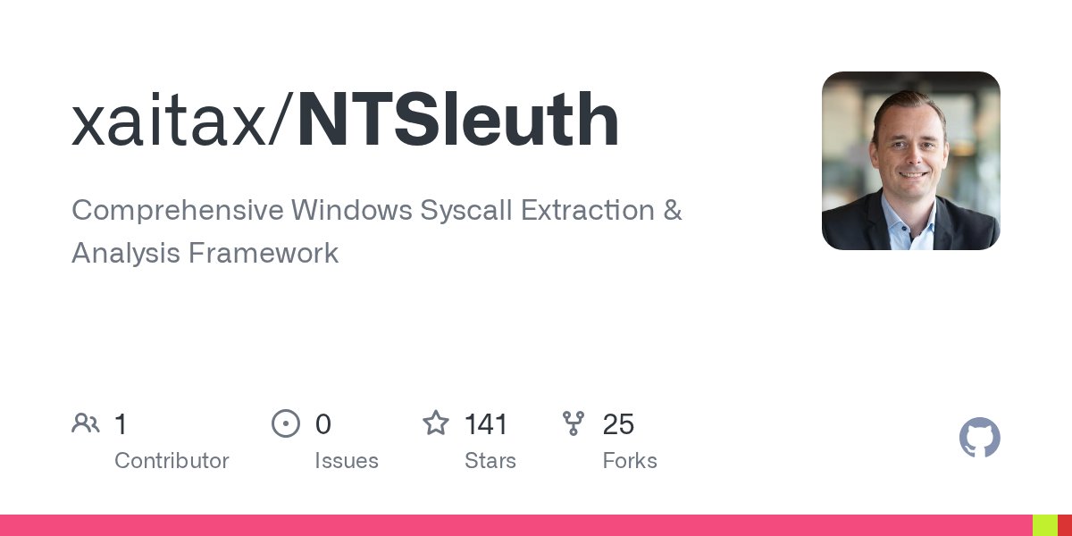 akaclandestine's tweet card. Comprehensive Windows Syscall Extraction & Analysis Framework - xaitax/NTSleuth