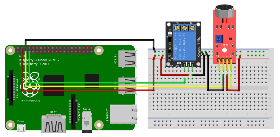 circuitbasics's tweet card. Use a microphone to detect sound with the Raspberry Pi and activate a 5V relay when the sound passes a pre-set threshold value.
