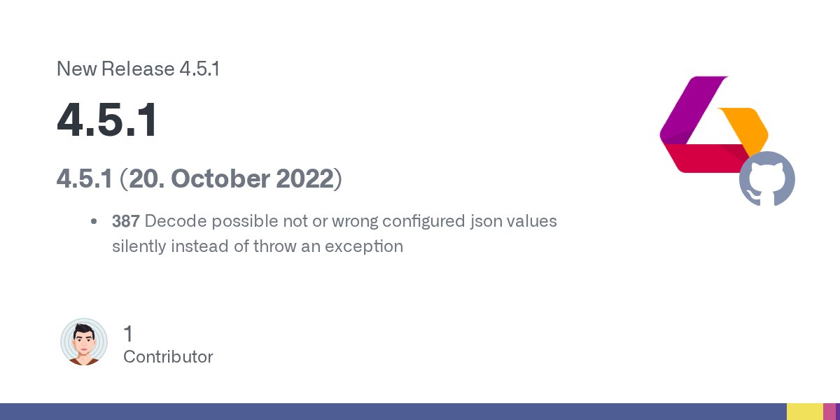 luyadev's tweet card. 4.5.1 (20. October 2022) 387 Decode possible not or wrong configured json values silently instead of throw an exception