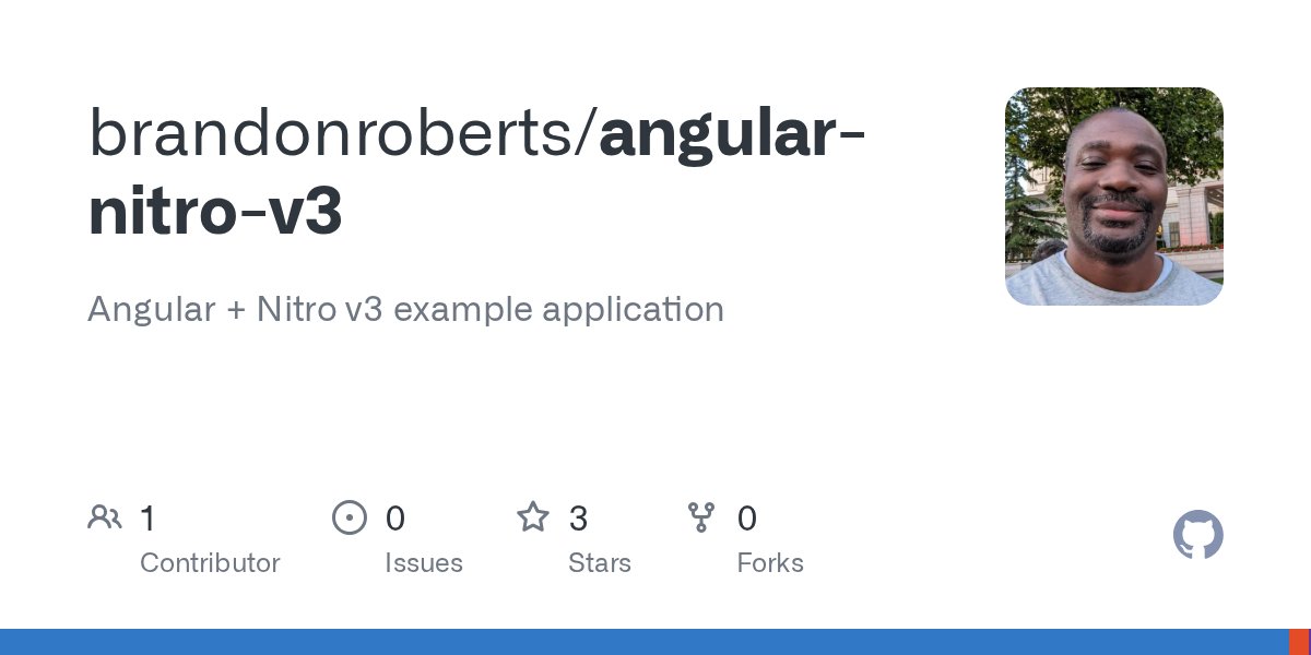 brandontroberts's tweet card. Angular + Nitro v3 example application. Contribute to brandonroberts/angular-nitro-v3 development by creating an account on GitHub.