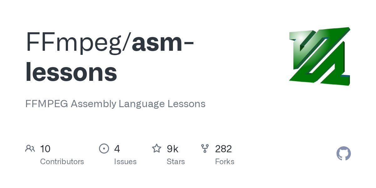 FFmpeg's tweet card. FFMPEG Assembly Language Lessons. Contribute to FFmpeg/asm-lessons development by creating an account on GitHub.