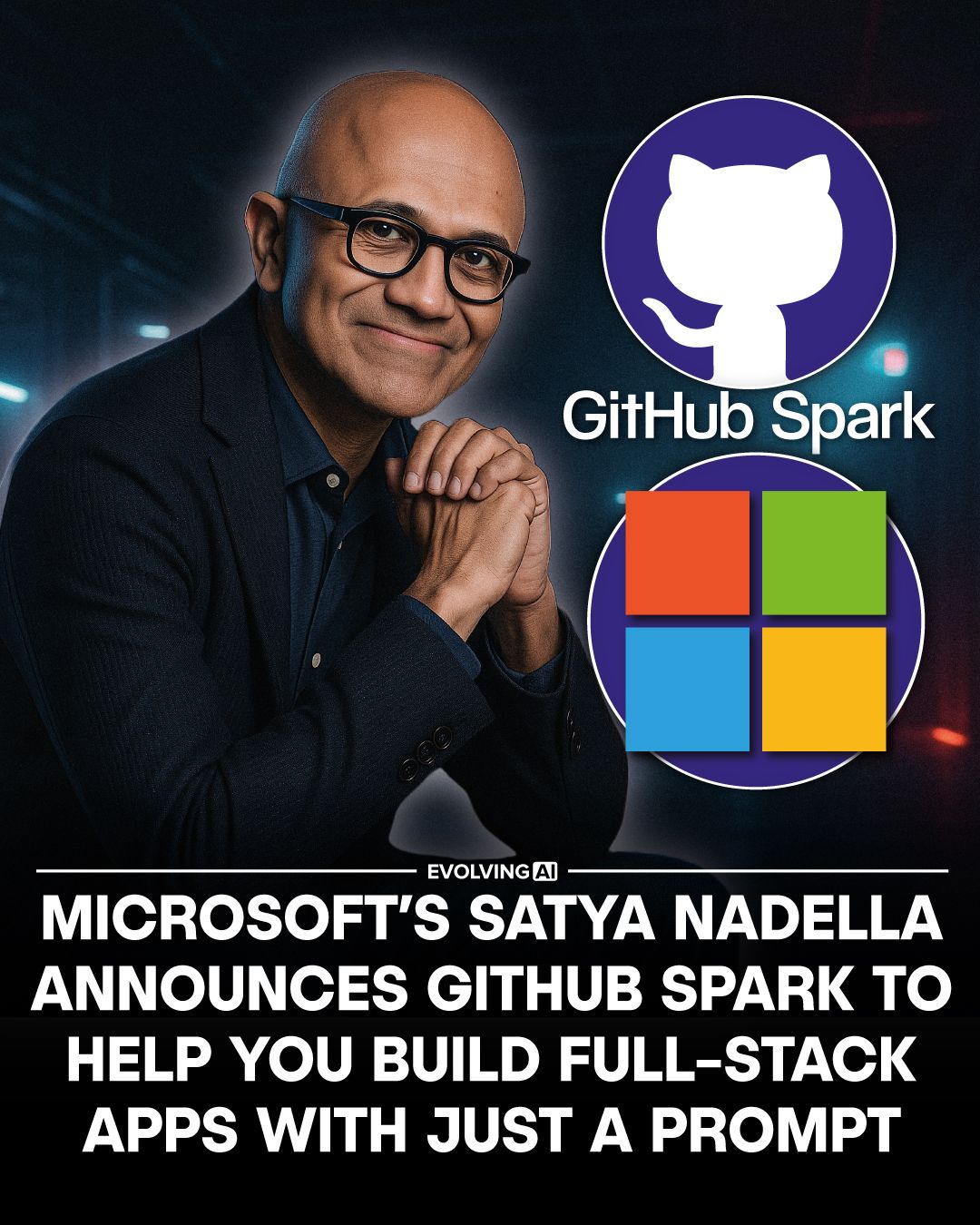 vibecoder_ai's tweet card. 🚨 Microsoft CEO Satya Nadella just dropped GitHub Spark. It lets you build full web apps by simply describing what you want in plain English. No setup, no boilerplate, no coding required unless you...