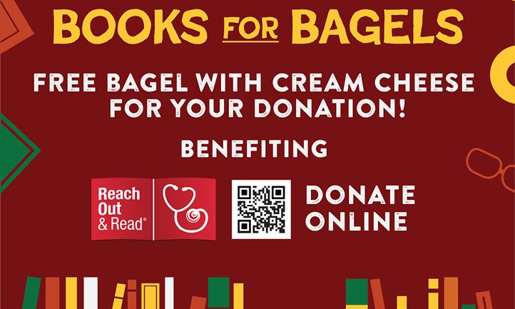 anmarialeon's tweet card. Donate a new children's book and receive a free bagel from August 9 - September 6