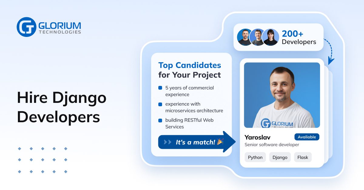 Glorium_Tech's tweet card. Hire top 3% Django developers with experience in various industries. Team scalability in 1-3 days. 13+ years of successful remote work ✅.