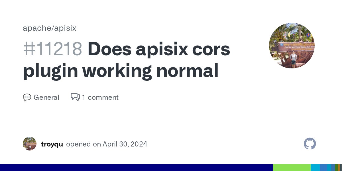 qujianfei's tweet card. here is a simple code of apisix cors plugin. after i read the apisix doc of cors usage. i add a router like this。 curl http://192.168.101.23:30218/apisix/admin/routes/1 -H 'X-API-KEY: edd1c9f03...