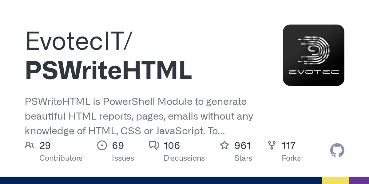 PrzemyslawKlys's tweet card. PSWriteHTML is PowerShell Module to generate beautiful HTML reports, pages, emails without any knowledge of HTML, CSS or JavaScript. To get started basics PowerShell knowledge is required. - Evotec...