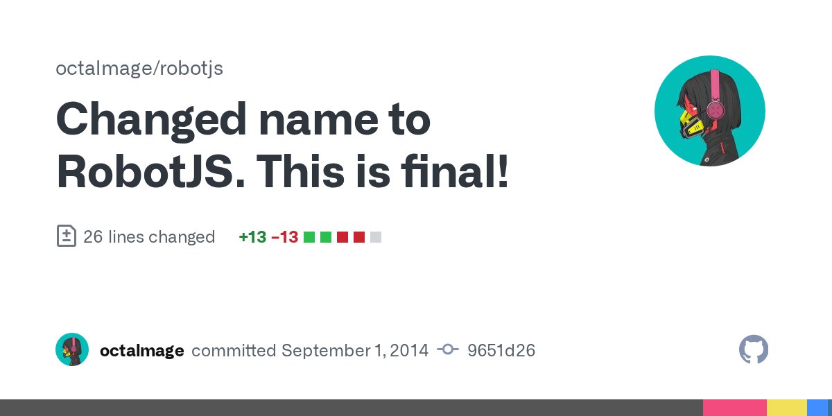 robotjavascript's tweet card. Changed name to RobotJS. This is final! · octalmage/robotjs@9651d26