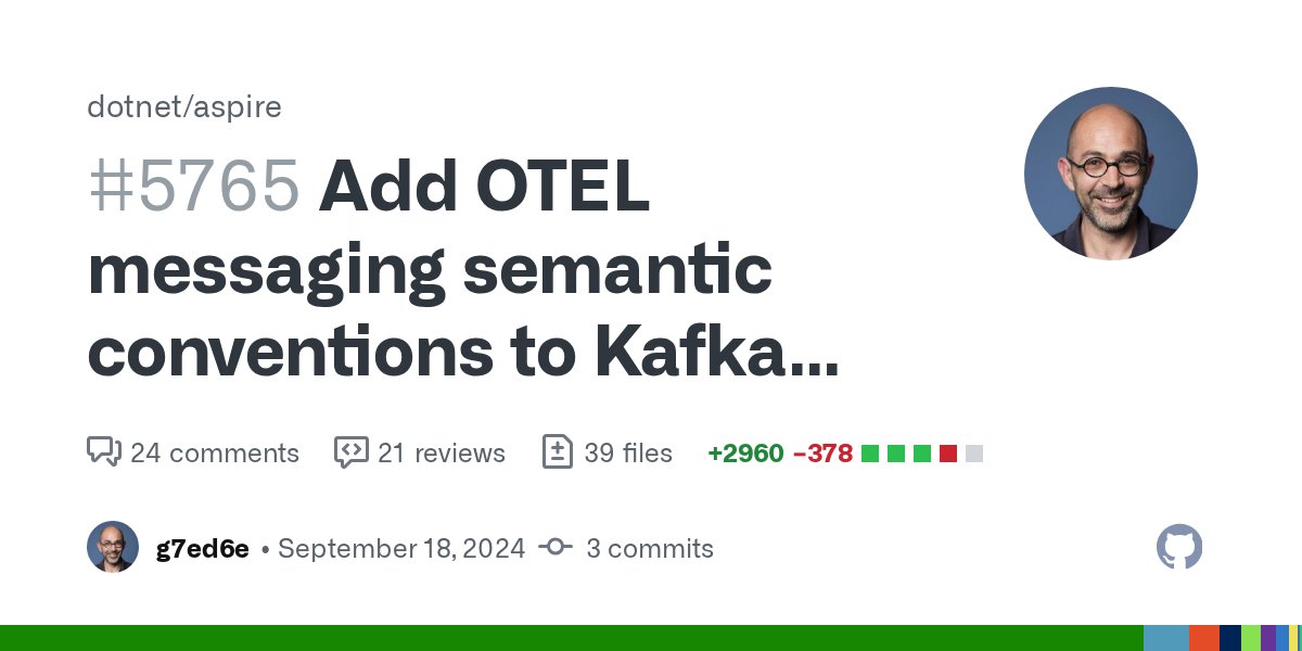 davidfowl's tweet card. Description Add OTEL messaging semantic conventions to Aspire.ConfluentKafka component/integration. Fixes # (issue) Checklist Is this feature complete? Yes. Ready to ship. No. Follow-up changes...