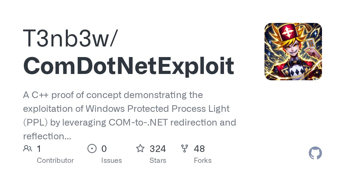 T3nb3w's tweet card. A C++ proof of concept demonstrating the exploitation of Windows Protected Process Light (PPL) by leveraging COM-to-.NET redirection and reflection techniques for code injection. This PoC showcases...