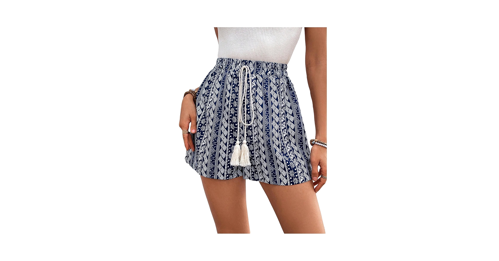 seamlessblend's tweet card. SweatyRocks Women's Boho Tribal Print Drawstring Waist Shorts Wide Leg Fringe Knot Front Loose Shorts