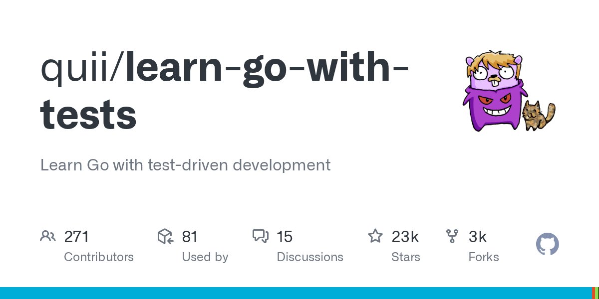 goodToGolang's tweet card. Learn Go with test-driven development. Contribute to quii/learn-go-with-tests development by creating an account on GitHub.