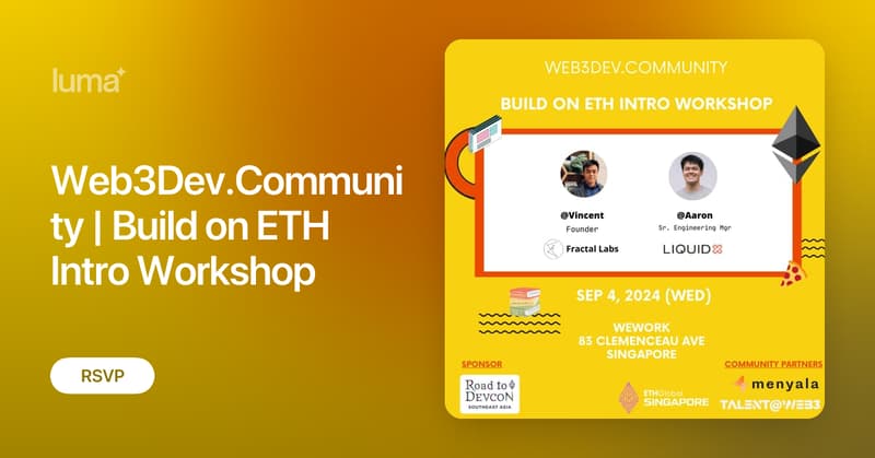 Web3DevC's tweet card. Want to build dApps on Ethereum but don't know where to start? Try to join the upcoming ETHGlobal SG hackathon in Sep and looking for ideas and teammates? We…