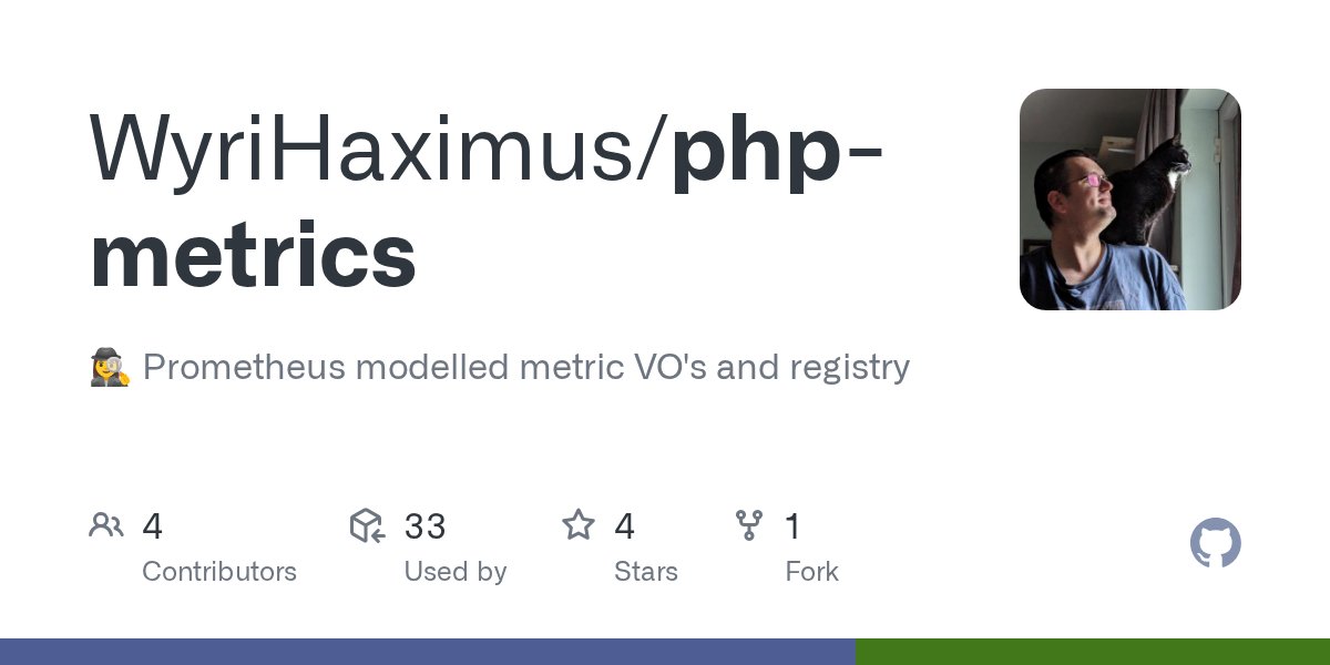 WyriHaximus's tweet card. 🕵️‍♀️ Prometheus modelled metric VO's and registry - WyriHaximus/php-metrics