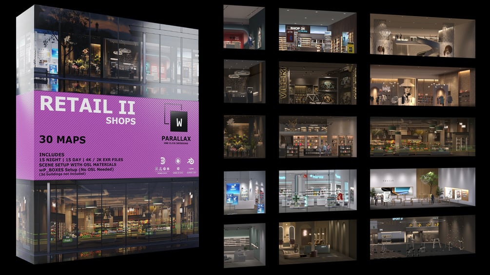 parallax_w's tweet card. wParallax Retail 2 CollectionHere come 15 more unique, highly detailed, now in 4K quality!This pack adds a great variety to any scene, there are all kinds of shops, fitness center, bio-market, phar...