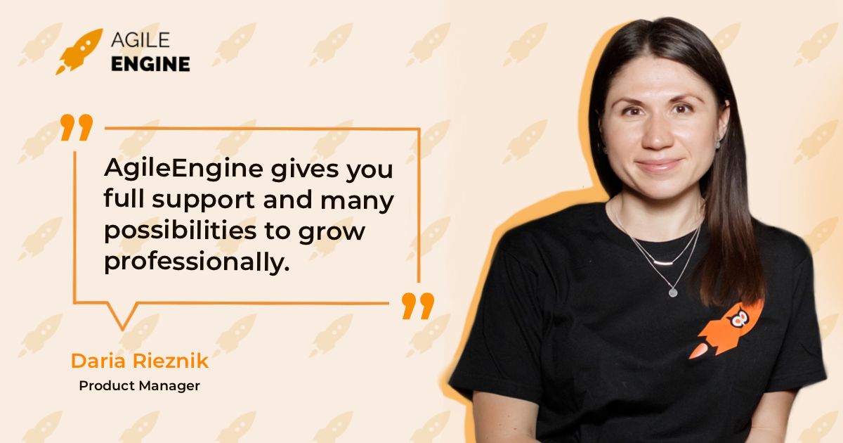agileengine's tweet card. Just as our clients keep achieving their business goals and getting bigger, so do our AgileEngineers conquer new professional heights. Meet Daria Reznik, who got recently promoted to Product Manager...