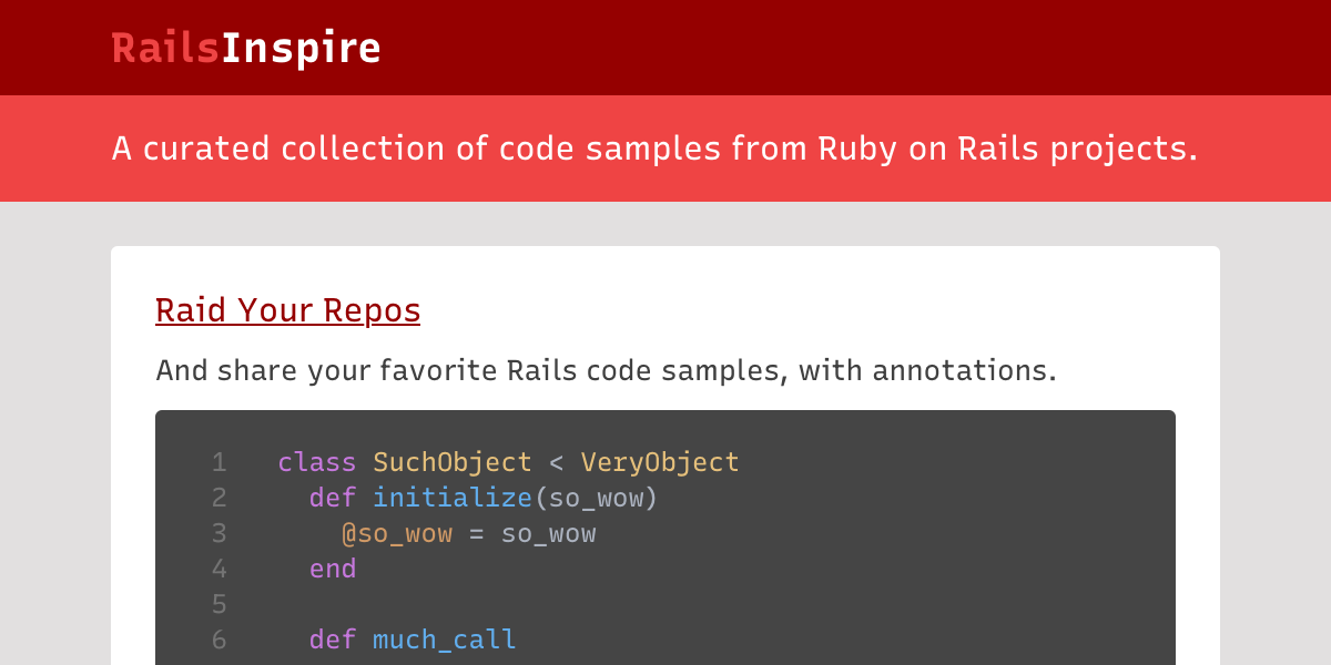 jeremysmithco's tweet card. RailsInspire is a curated collection of code samples from Ruby on Rails projects.
