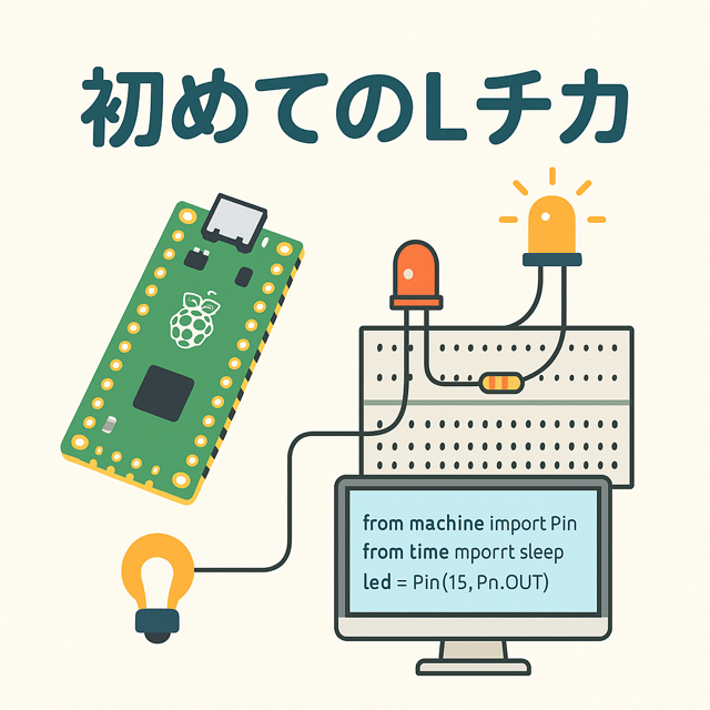uCxFLYoz7pXx31C's tweet card. Raspberry Pi PicoでLEDを点滅させる「Lチカ」を、配線図・コード付きでやさしく解説。MicroPythonを使った初心者向けステップアップ実験です。ピン設定・抵抗値・マジックナンバーの定数化なども詳しく紹介！