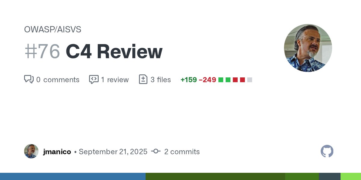 OWASP_AISVS's tweet card. This PR is heavily reducing the size of C4. Requirements re-categorized and duplicates merged. Many document and process retirement were moved to the GRC appendix. Some requirements that are more ...