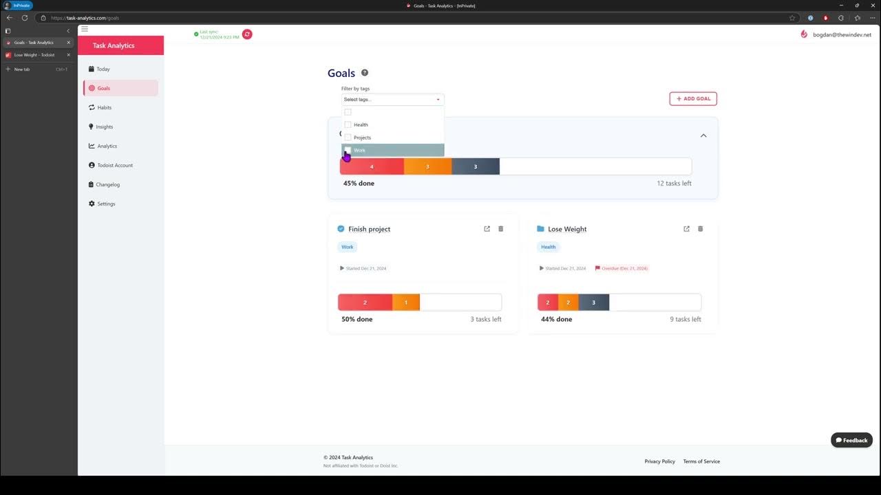task_analytics's tweet card. Tracking goals and habits with Todoist