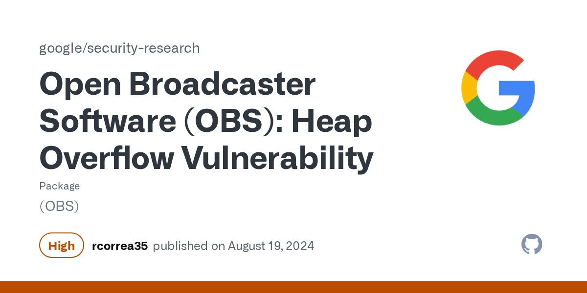 reverseame's tweet card. ### Summary OBS (Open Broadcaster Software) is a well-known open source and cross platform software for screen recording and streaming. Unfortunately, a crafted GIF file with malicious LZW compres...