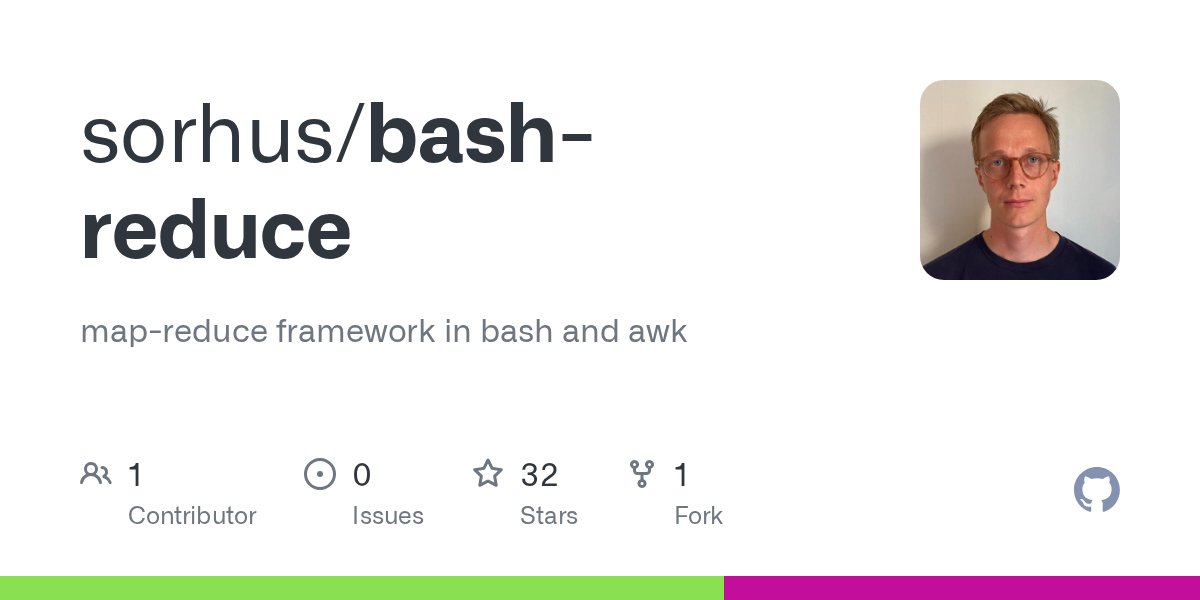 evilbashtips's tweet card. map-reduce framework in bash and awk. Contribute to sorhus/bash-reduce development by creating an account on GitHub.