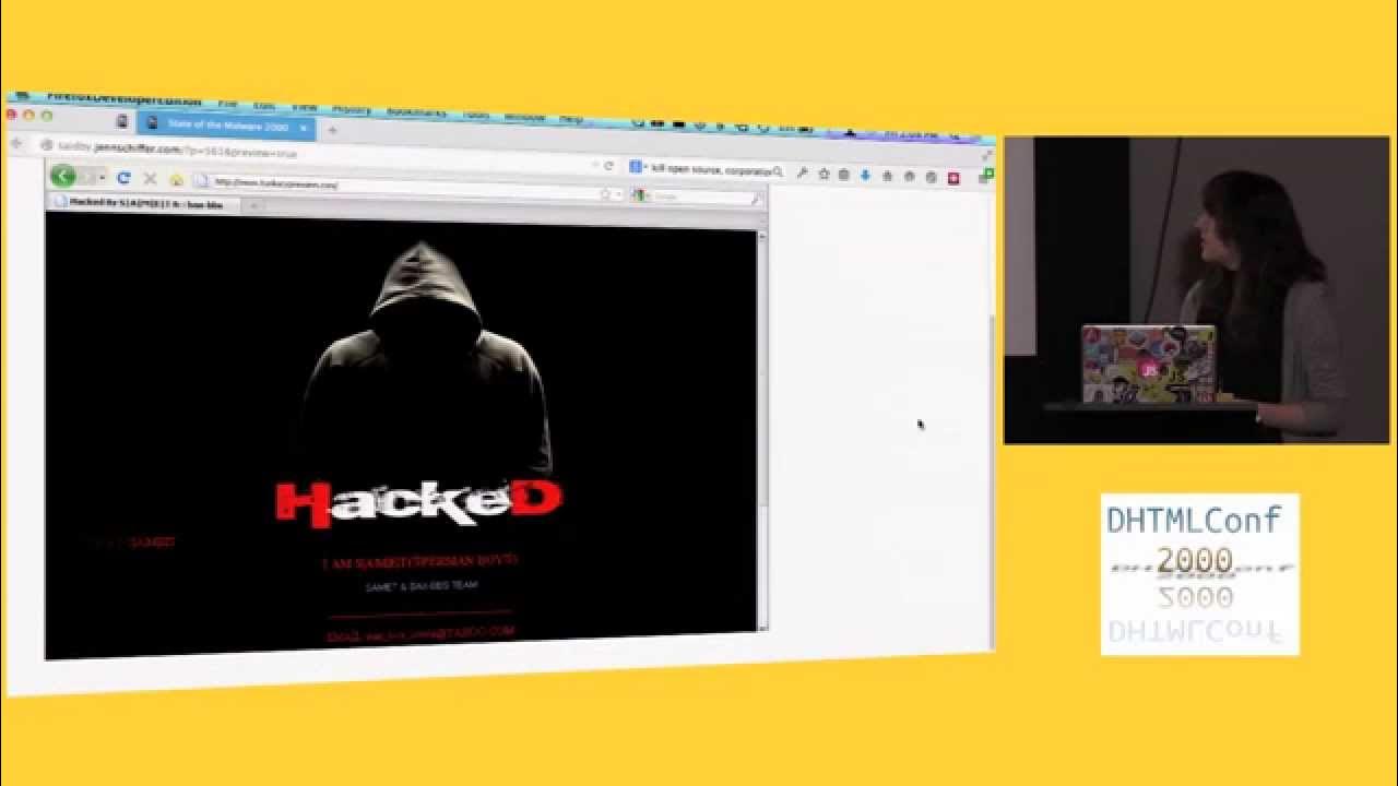 JavaScriptFest's tweet card. Jenn Schiffer: State of the Malware | DHTMLConf 2000 | JSFest Oakland...