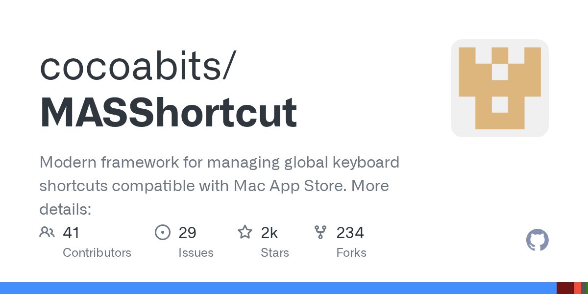optimistic_dev's tweet card. Modern framework for managing global keyboard shortcuts compatible with Mac App Store. More details: - cocoabits/MASShortcut
