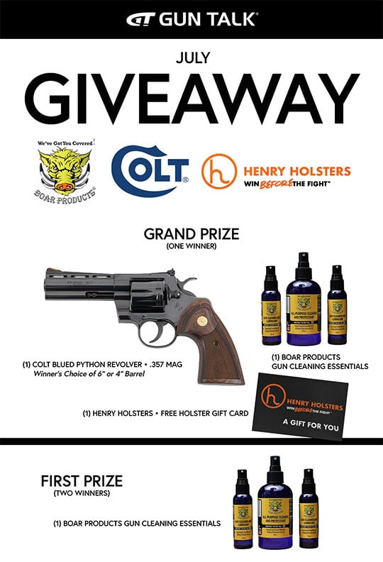 909Hemi's tweet card. ENTER TO WIN! ​Sign up for newsletters from Gun Talk, Boar Products, Colt, and Henry Holsters for your chance to win! Grand Prize Package (One Winner) (1) Colt Blued Python Revolver in .357 Mag (1)...