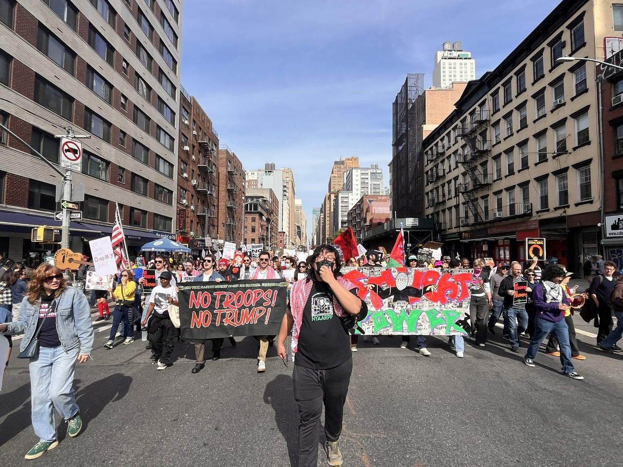 fightbacknews's tweet card. contingent at No Kings protest. | Fight Back! News") New York, NY - On October 18, hundreds of thousands of New Yorkers gathered in Tim...