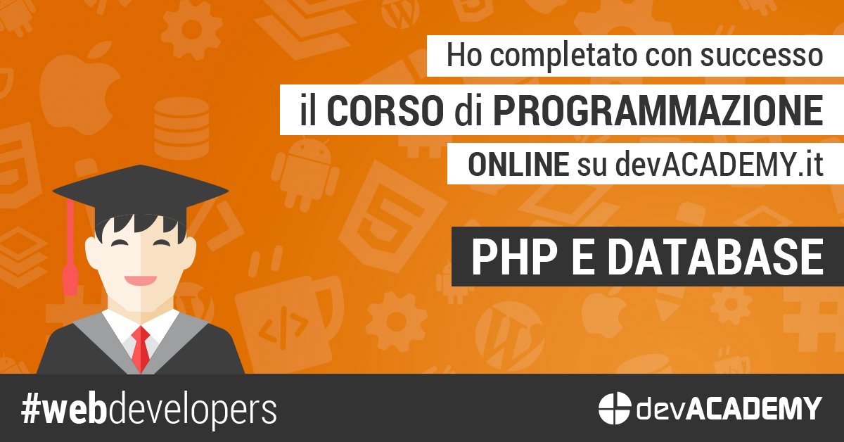 yaproc's tweet card. Ho appena completato il corso 'PHP e Database' su devACADEMY