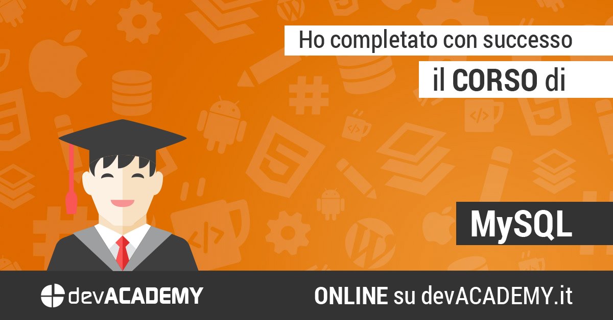 yaproc's tweet card. Ho appena completato il corso 'MySQL' su devACADEMY