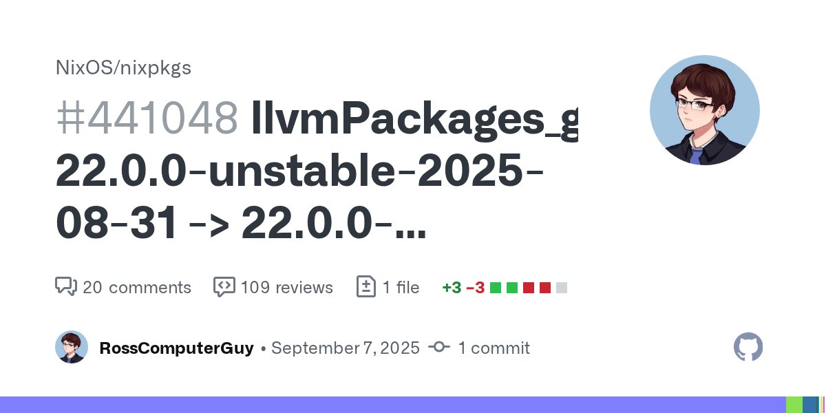 RossComputerGuy's tweet card. …09-07 Things done Built on platform: x86_64-linux aarch64-linux x86_64-darwin aarch64-darwin loongarch64-linux armv7l-linux s390x-linux Tested, as applicable: NixOS tests in nixos/t...