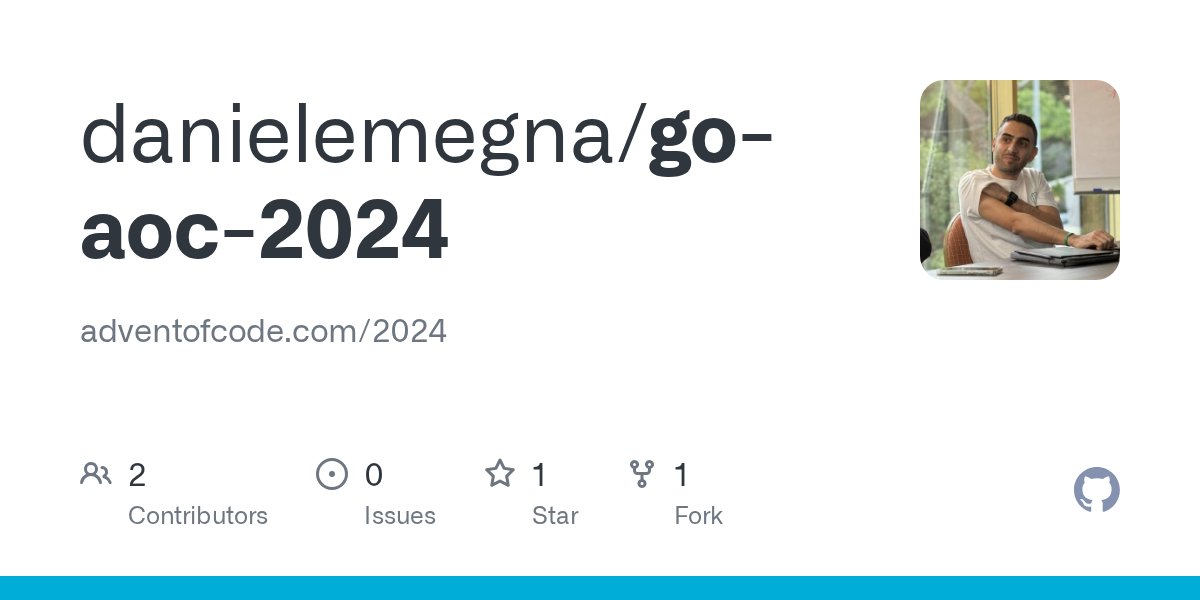 DanieleMegna1's tweet card. adventofcode.com/2024. Contribute to danielemegna/go-aoc-2024 development by creating an account on GitHub.