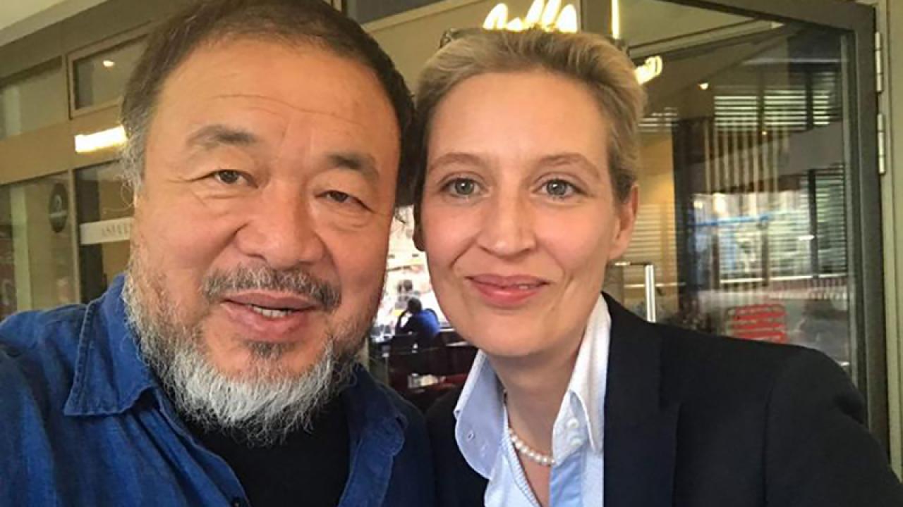 Studyofaiweiwei's tweet card. The Chinese dissident artist has justified posing with politician Alice Weidel, who has branded immigrants ‘illiterate’