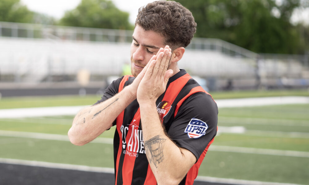 VloraFc's tweet card. Featured photo: Benjamin Peña celebrates amid a two-goal performance for Vlora. Photo by Michael Machuca-Memeti. May 24, 2025 | USASA National Amateur Cup | Burnsville, MNVlora Starting XI: Easton...