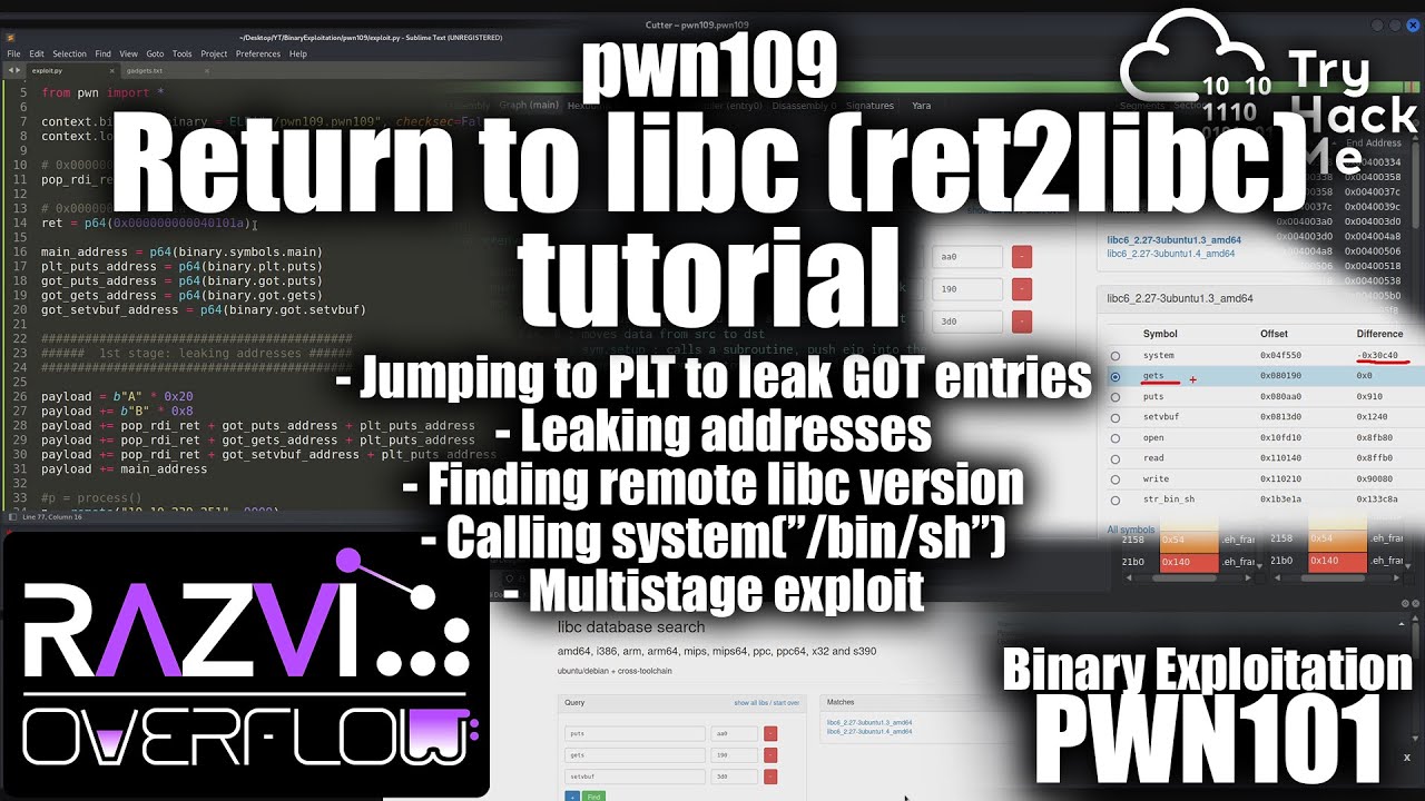 Razvieu's tweet card. Exploiting Return to Libc (ret2libc) tutorial - pwn109 - PWN101 |...