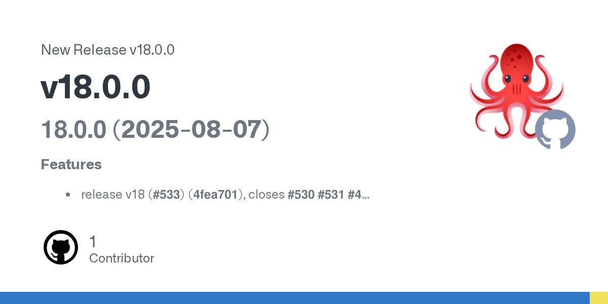 tim_deschryver's tweet card. 18.0.0 (2025-08-07) Features release v18 (#533) (4fea701), closes #530 #531 #413 BREAKING CHANGES The angular minimum version has changed. BEFORE: Angular 17,18,19 were supported. AFTER: Angula...