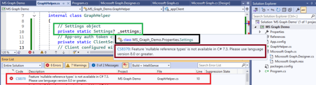 SabadraPrasham's tweet card. .Net application - C# - resolving error - S8370 Feature 'nullable reference types' is not available in C# 7.3. Please use language version 8.0 or greater.