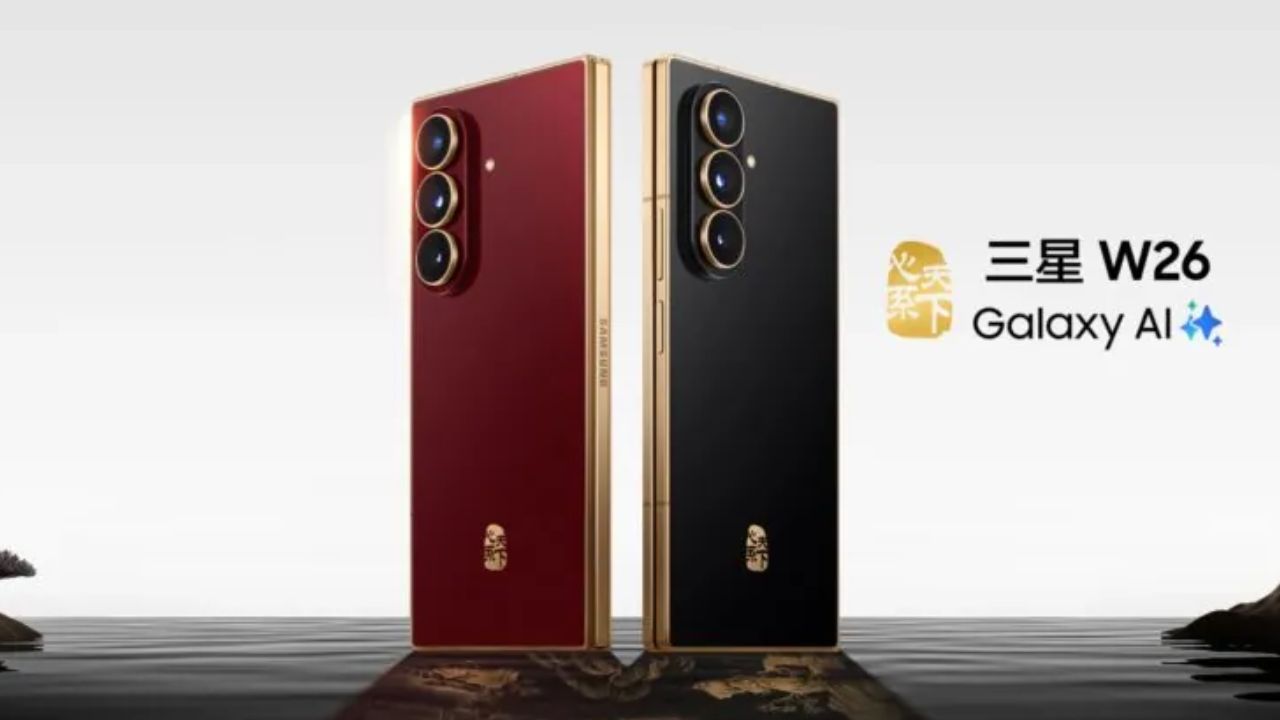 TechHounder's tweet card. Samsung launches the Galaxy W26 in China, a luxury Galaxy Z Fold 7 with gold accents, satellite calling, 16GB RAM, and premium accessories.