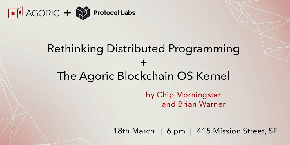 agoric's tweet card. Please note this event has been postponed until further notice.