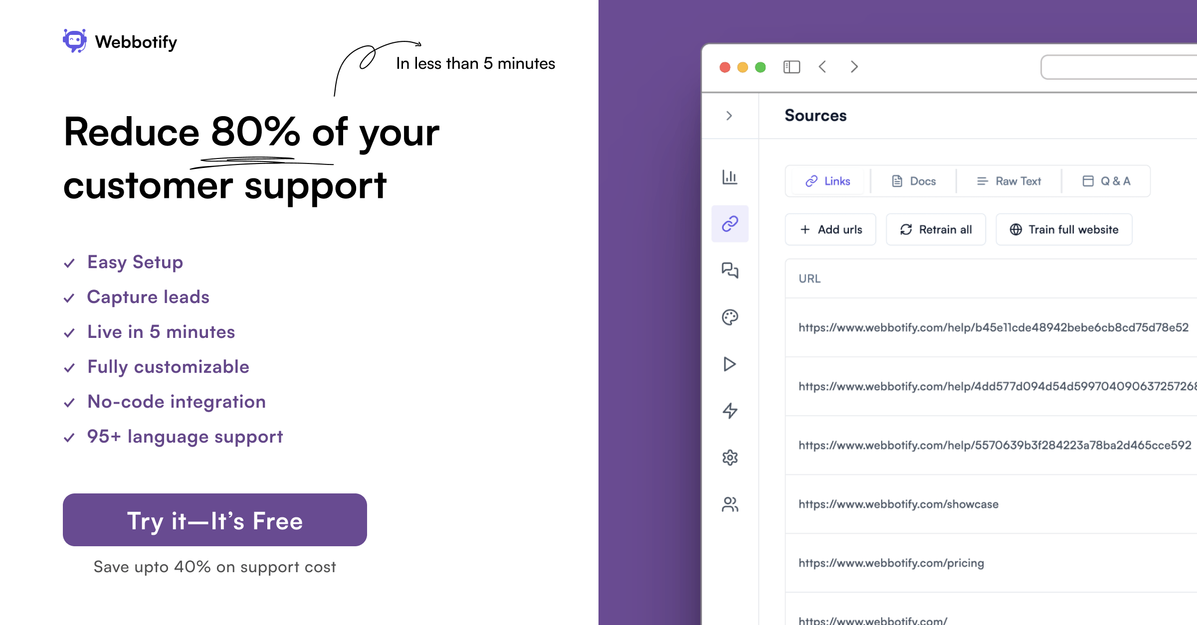 0xhrushi's tweet card. Webbotify provides AI chatbot trained specifically on your website, which helps you reduce costs, capture leads and boost customer engagement. In just 3 clicks and less than 5 minutes. Chatbase...