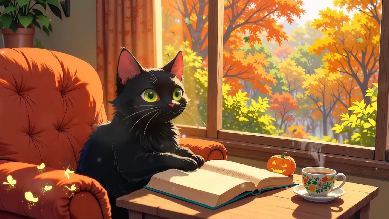 monokai_dev's tweet card. Cats and Fall Serenity Window 🍁☕Autumn/Fall 2025 🍂 Chill Beats to...