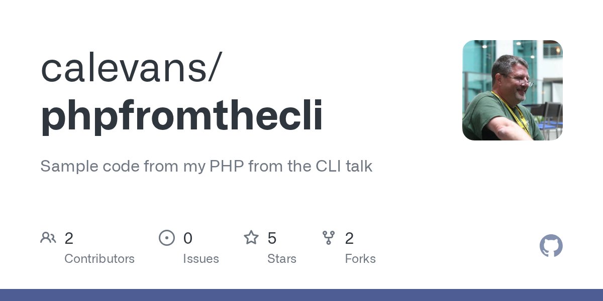CalEvans's tweet card. Sample code from my PHP from the CLI talk. Contribute to calevans/phpfromthecli development by creating an account on GitHub.