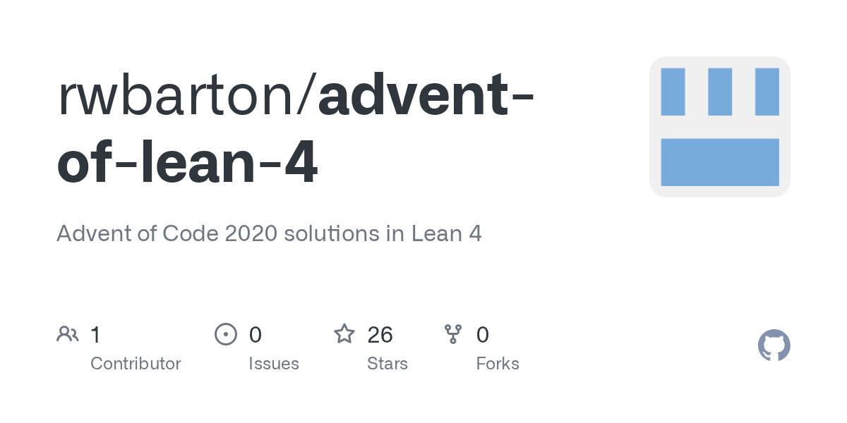 Jose_A_Alonso's tweet card. Advent of Code 2020 solutions in Lean 4. Contribute to rwbarton/advent-of-lean-4 development by creating an account on GitHub.