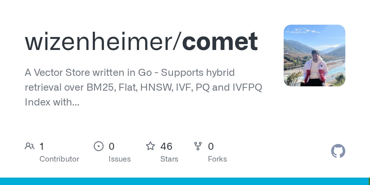 golangch's tweet card. A Vector Store written in Go - Supports hybrid retrieval over BM25, Flat, HNSW, IVF, PQ and IVFPQ Index with Quantization, Metadata Filtering, Reranking, Reciprocal Rank Fusion, Soft Deletes, Index...