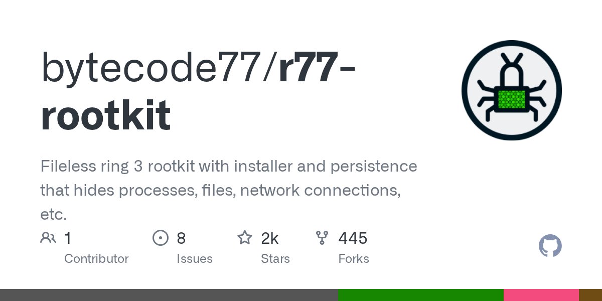 oss_cpp's tweet card. Fileless ring 3 rootkit with installer and persistence that hides processes, files, network connections, etc. - bytecode77/r77-rootkit