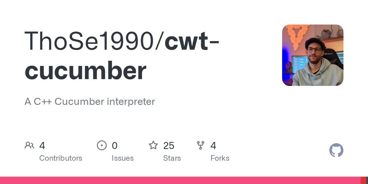 CodingWthThomas's tweet card. A C++ Cucumber interpreter. Contribute to ThoSe1990/cwt-cucumber development by creating an account on GitHub.