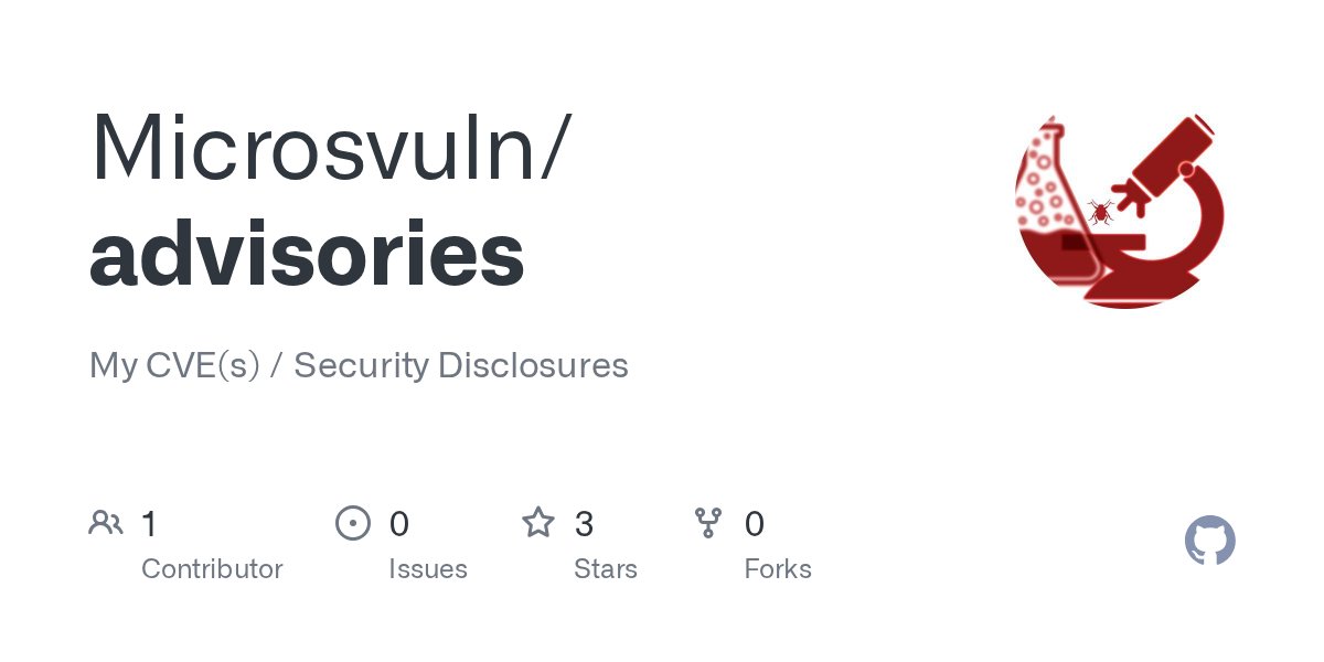syspwnx's tweet card. My CVE(s) / Security Disclosures. Contribute to Microsvuln/advisories development by creating an account on GitHub.