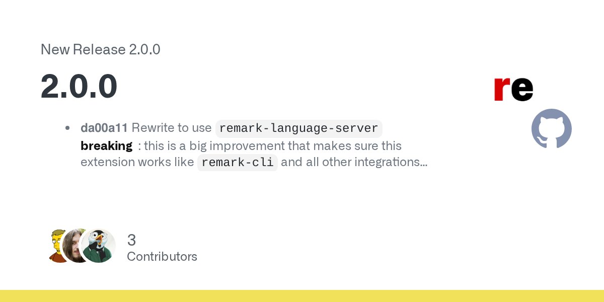 unifiedjs's tweet card. da00a11 Rewrite to use remark-language-server breaking: this is a big improvement that makes sure this extension works like remark-cli and all other integrations by @remcohaszing in #65 fd483e8 Upd...